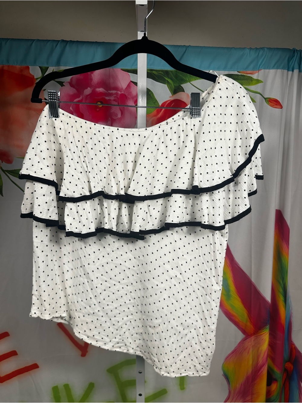 P215. Ro & De White Polka Dot One-Shoulder Ruffle Top with Black Trim - Picture 1 of 5